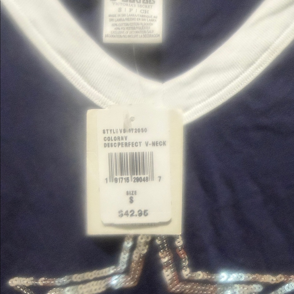PINK Victoria's Secret Navy V‑Neck Cowboys Sequin Tee - Picture 3 of 6